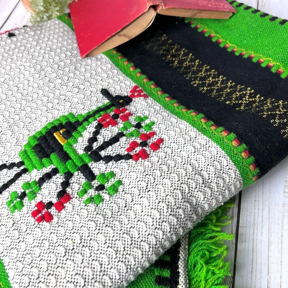 Swedish Embroidered Wool Peasant Blanket Tapestry Stripes Fringe Bright Colorful